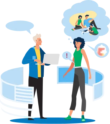 illustration of a man with a laptop and a woman standing inf